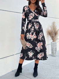 Women's V-neck long-sleeve printed mid-length dress