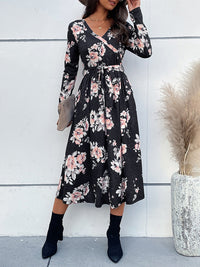 Women's V-neck long-sleeve printed mid-length dress