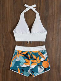Swimsuit Women's Split High Waist Boxer Ties Printed Solid Color Stitching Bikini