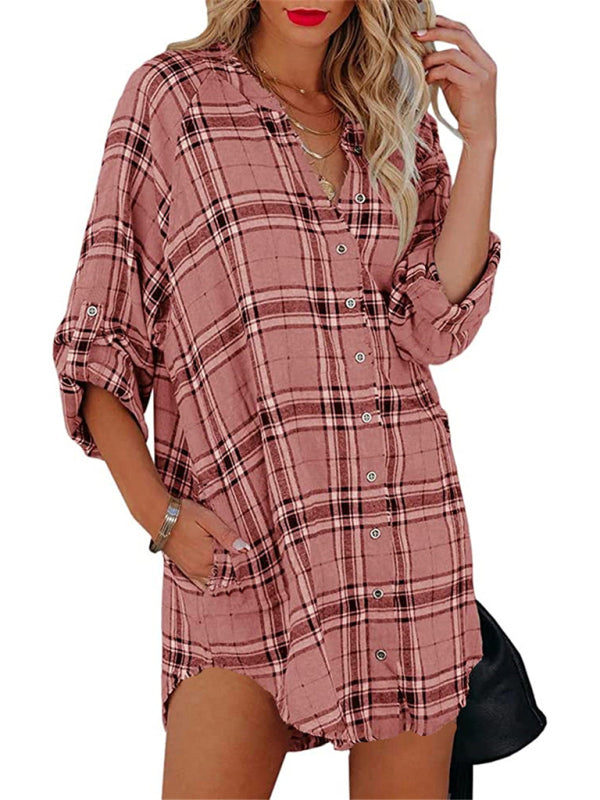 Women's plaid V-neck long-sleeved shirt dress