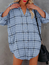 Women's plaid V-neck long-sleeved shirt dress