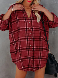 Women's plaid V-neck long-sleeved shirt dress