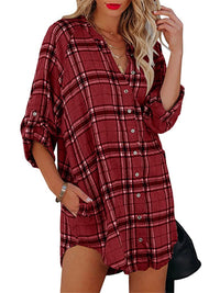 Women's plaid V-neck long-sleeved shirt dress