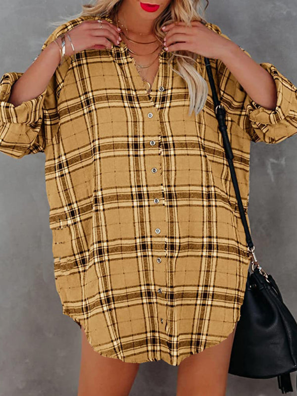 Women's plaid V-neck long-sleeved shirt dress