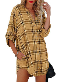 Women's plaid V-neck long-sleeved shirt dress