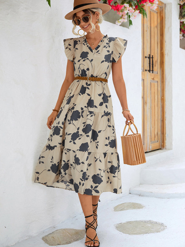 New Floral V-neck Printed Flying Sleeve Dress