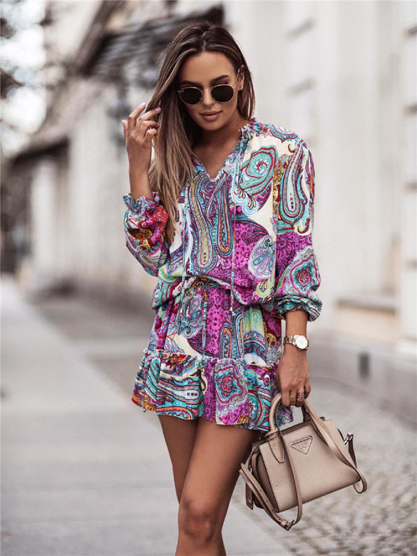 Women's ethnic print long-sleeved dress