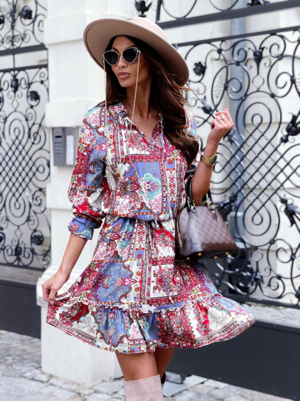 Women's ethnic print long-sleeved dress