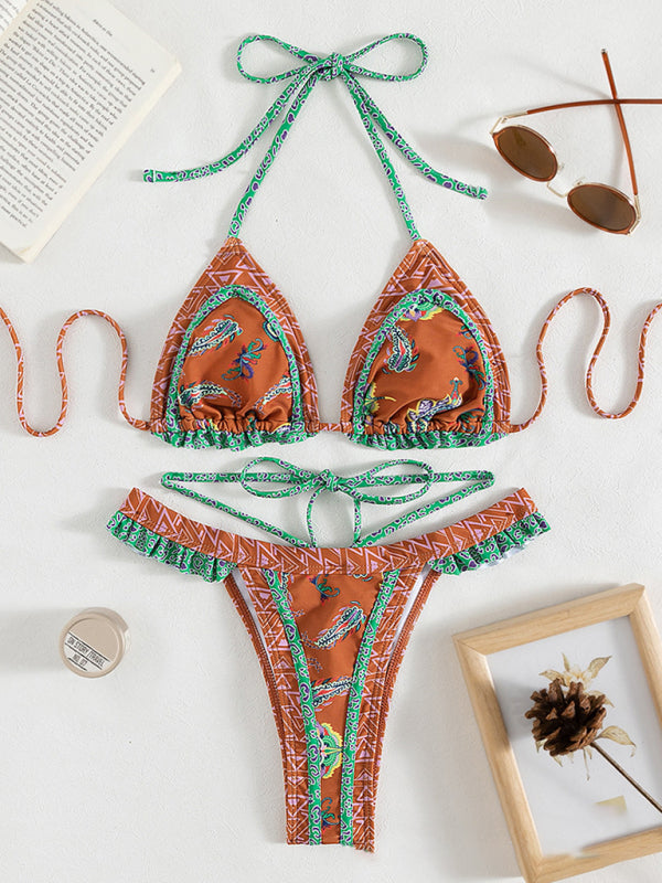 Women's ethnic print halter neck tie bikini