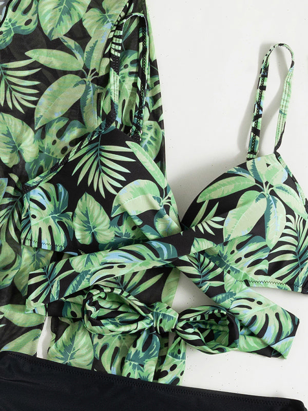 Women's tropical print bikini three-piece sets