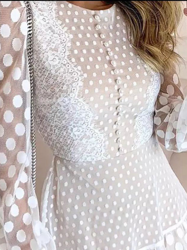 Women's Elegant Polka Dot Stitching Lace Long Sleeve Dress