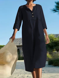 Round Neck Button Pocket Cotton Linen Long Sleeve Solid Color Dress