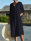 Round Neck Button Pocket Cotton Linen Long Sleeve Solid Color Dress