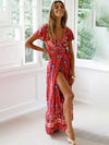 Bohemian long skirt national style sexy V-neck cardigan tunic print dress