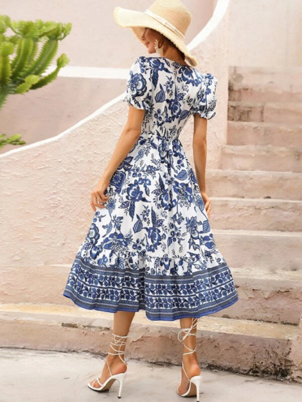 All-over positioning print printed puff-sleeved maxi-neck dress