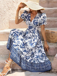 All-over positioning print printed puff-sleeved maxi-neck dress