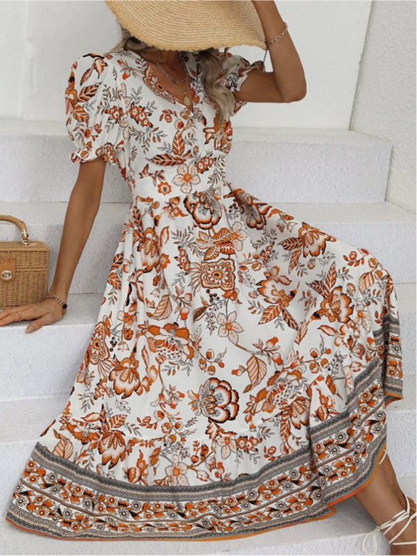 All-over positioning print printed puff-sleeved maxi-neck dress