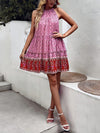 Women's bohemian print holiday halterneck dress