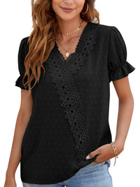 Women's woven V-neck polka-dot jacquard chiffon lace short-sleeved shirt