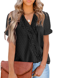 Women's woven V-neck polka-dot jacquard chiffon lace short-sleeved shirt