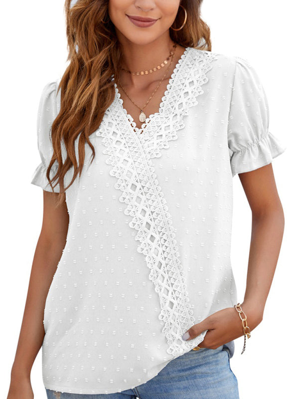 Women's woven V-neck polka-dot jacquard chiffon lace short-sleeved shirt