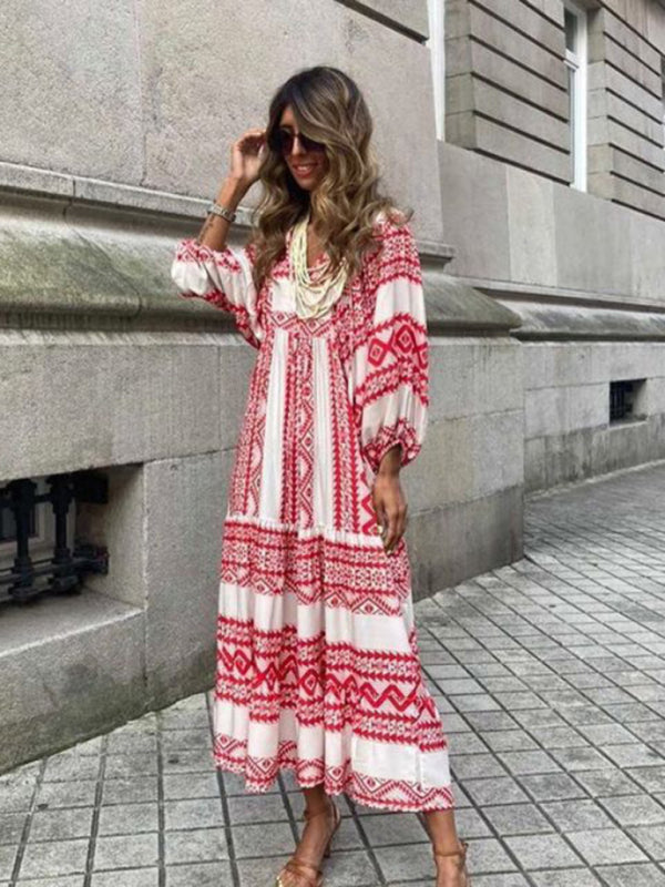 Geometric Collage Puff Sleeve Dress Street Holiday Women's Clothing