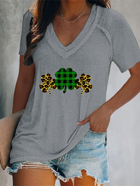 Women's V-neck clover print short-sleeved t-shirt