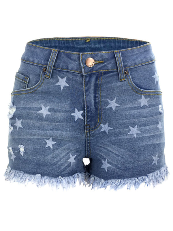 Women's Casual Fringe Pentagram Print High Waist Denim Shorts