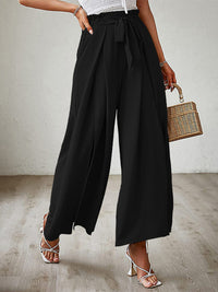 New bow loose high waist pleated wide leg pants with belt pants