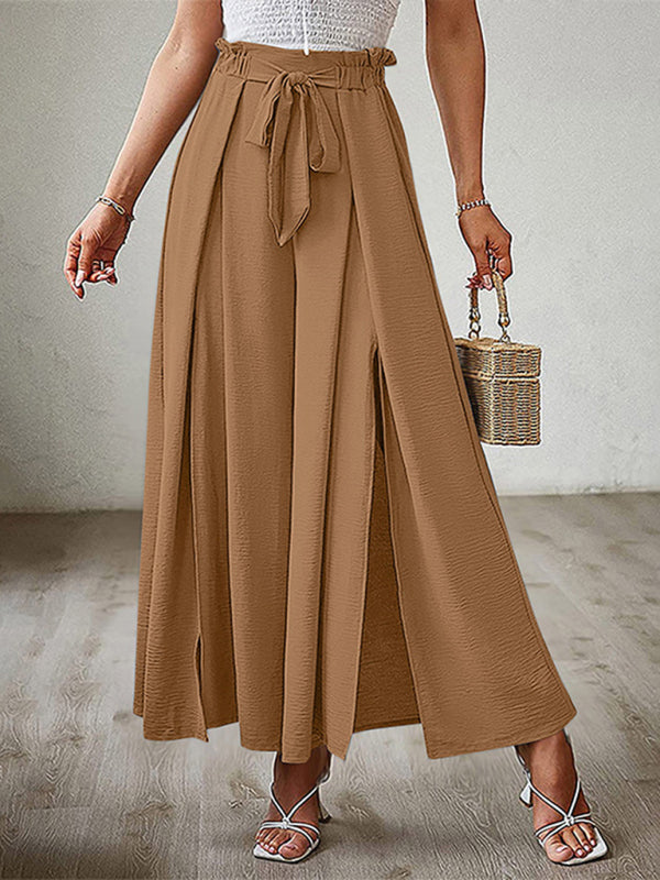 New bow loose high waist pleated wide leg pants with belt pants