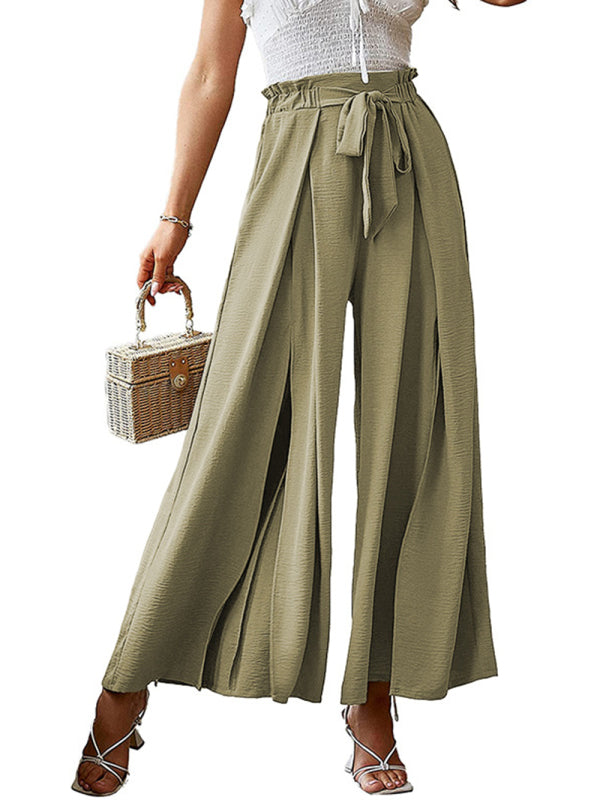 New bow loose high waist pleated wide leg pants with belt pants