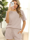 Women's Short Sleeve Loungewear Solid Color Casual Waffle Two-Piece Set