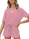 Women's Short Sleeve Loungewear Solid Color Casual Waffle Two-Piece Set