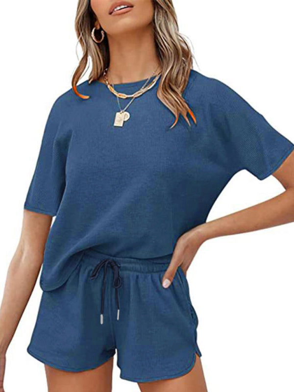 Women's Short Sleeve Loungewear Solid Color Casual Waffle Two-Piece Set