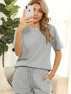 Women's Short Sleeve Loungewear Solid Color Casual Waffle Two-Piece Set