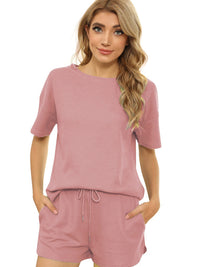 Women's Short Sleeve Loungewear Solid Color Casual Waffle Two-Piece Set