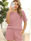 Women's Short Sleeve Loungewear Solid Color Casual Waffle Two-Piece Set