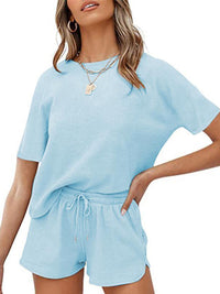 Women's Short Sleeve Loungewear Solid Color Casual Waffle Two-Piece Set