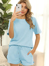 Women's Short Sleeve Loungewear Solid Color Casual Waffle Two-Piece Set