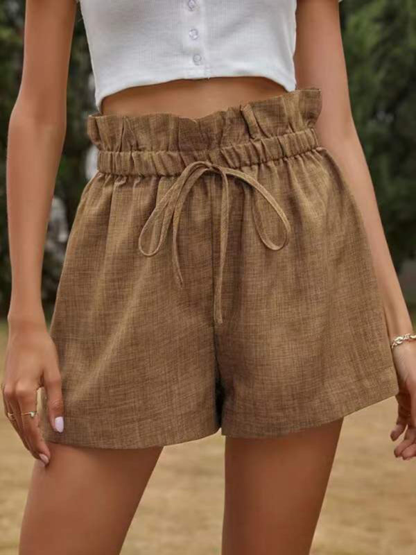 Women's Solid Color High Waist Lace Up Loose Wide Leg Shorts