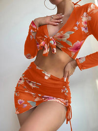 Women's Printed Drawstring Long-Sleeve Blouse Bikini Four-Piece Set