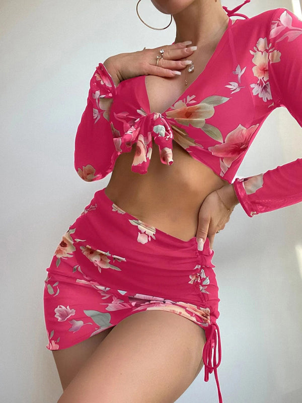 Women's Printed Drawstring Long-Sleeve Blouse Bikini Four-Piece Set