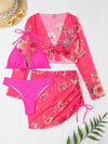 Women's Printed Drawstring Long-Sleeve Blouse Bikini Four-Piece Set