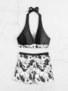 Women's High Waist Boxer Tie Printed Solid Color Panel Bikini