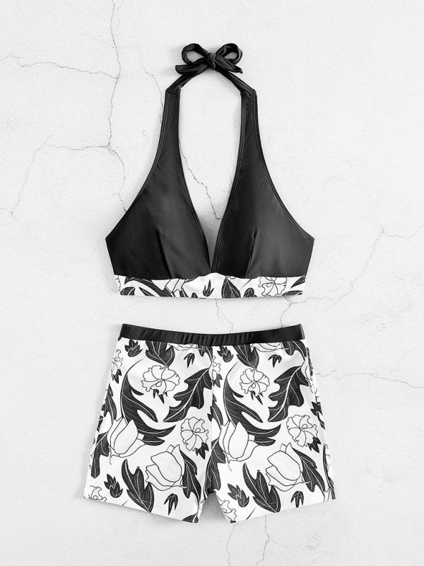 Women's High Waist Boxer Tie Printed Solid Color Panel Bikini