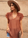 Women's woven casual V-neck lace-up small fly-sleeve shirt