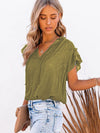 Women's woven casual V-neck lace-up small fly-sleeve shirt