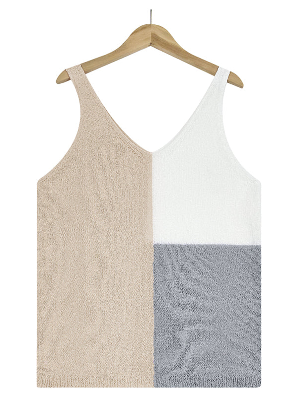 Women's Splicing Contrasting Color V-neck Casual Knit Tank Top