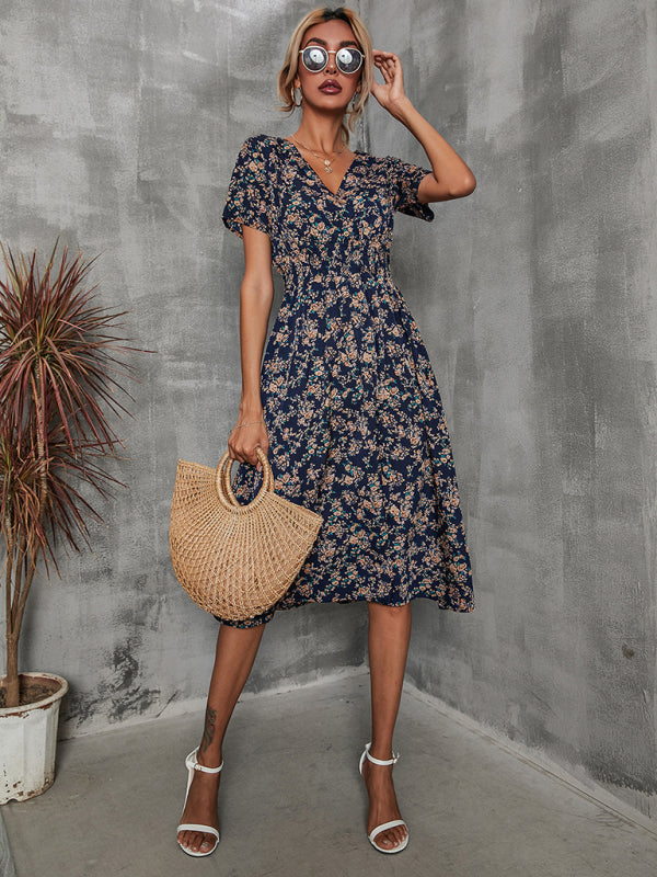 Summer new elegant casual vacation V-neck floral print short-sleeved dress