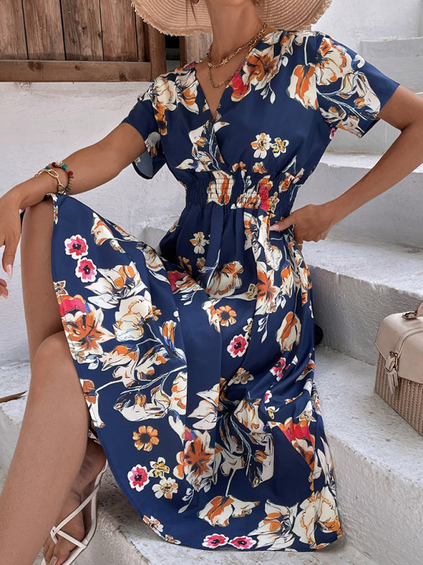 Summer new elegant casual vacation V-neck floral print short-sleeved dress